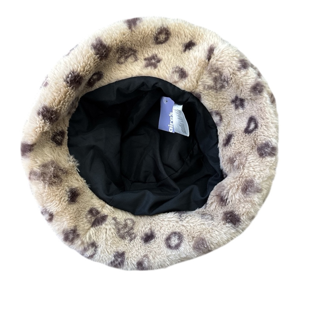 Claire’s Faux Fur Bucket Hat Beige Brown Love Star Heart Print One Size New - Picture 4 of 8